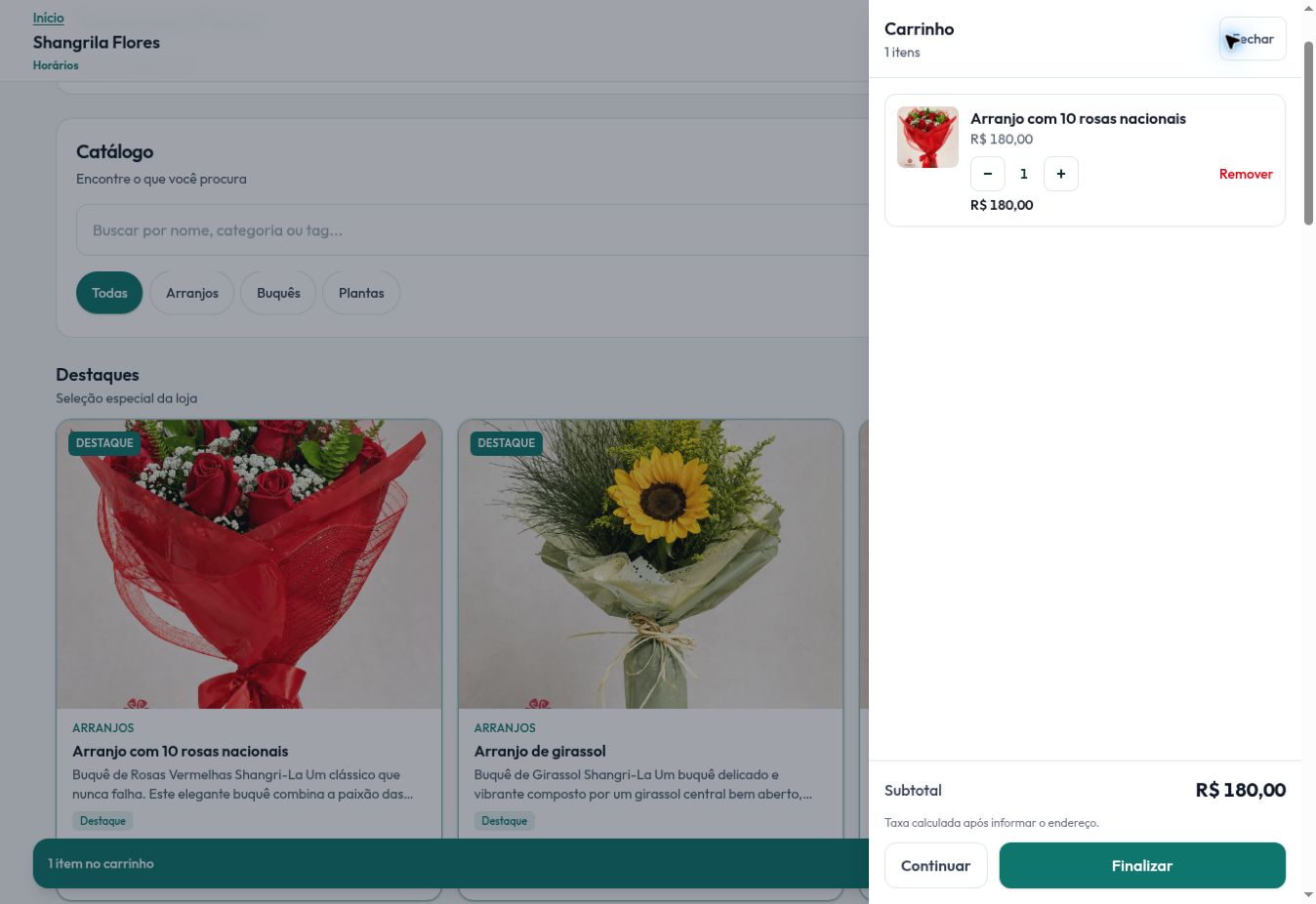 Carrinho da loja online com produto, quantidade e subtotal