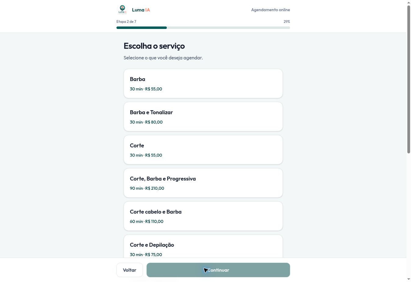 Agenda online do Lumia Flow na etapa de escolha do serviço