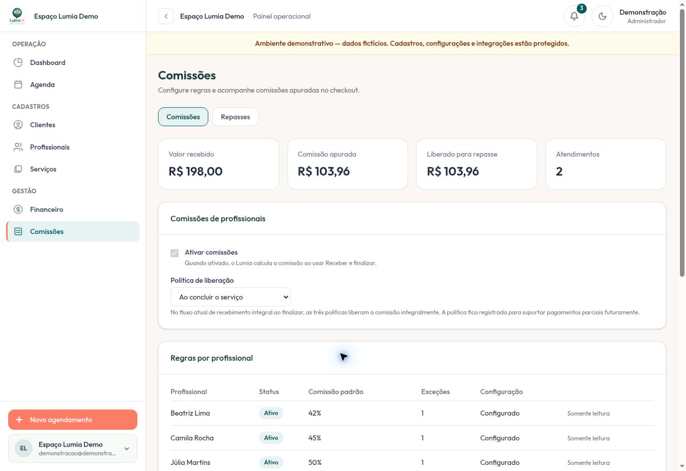 Tela de regras e apuração de comissões do Lumia Flow